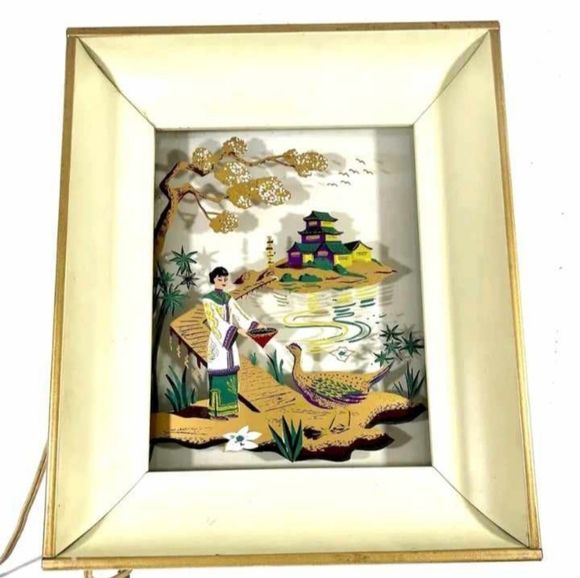 Vintage 1940’s Asain/Geisha Girl Themed Metal Shadowbox Wall Lamp